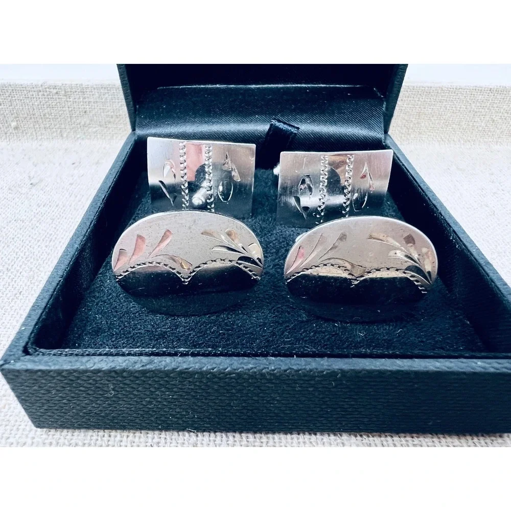 Vintage Flex-Let Sterling Silver Cufflink Set Oval Rectangular Etched Mens USA